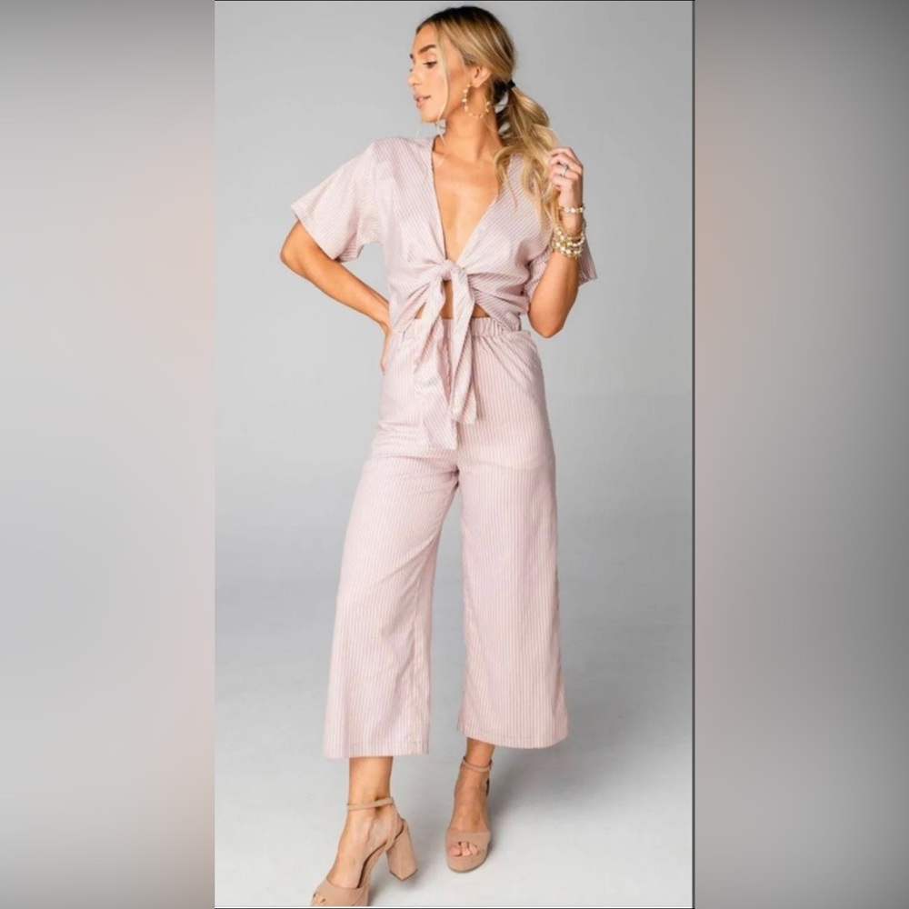 BuddyLove Ilene Cut Out Tie Front Jumpsuit - Tan Stripe - M / Tan / Stripes